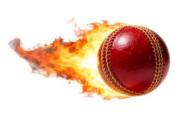 Red cricket ball engulfed in flames on black background cricket ball, red ball, fire, flames, burning, sport, game, competition, action, intensity, heat, energy, power, speed, motion, dark background,