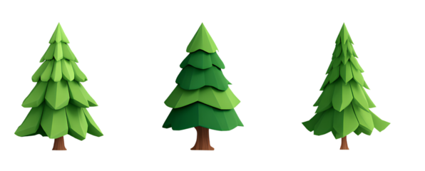 3d cartoon, simple shapes of pine trees, different angles,