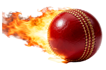Red cricket ball engulfed in bright orange flames red ball cricket ball, red ball, leather ball, fire, flames, burning, intense, sport, game, competition, action, speed, power, heat, energy, dynamic, 