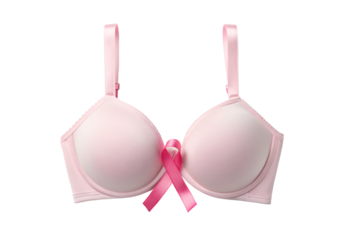 Pink bra with breast cancer awareness ribbon detail, isolated on a transparent background