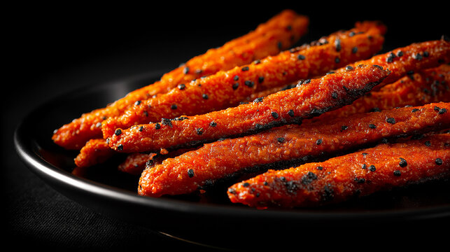 Tandoori-marinated soya chaap sticks grilled to perfection, smoky char texture, vivid orange-red tones, served on black plate