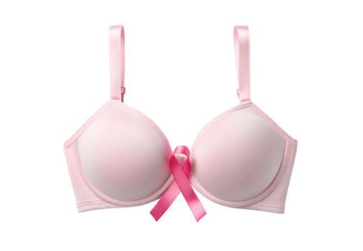 Pink bra with breast cancer awareness ribbon detail, isolated on a transparent background - Powered by Adobe