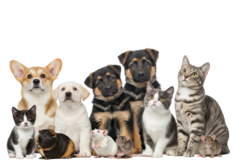 An adorable, diverse group of domestic pets and small animals on a transparent studio background with copy space, looking up with gentle curiosity and anticipation