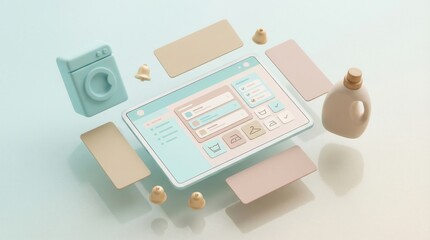 Obraz premium Smart laundry concept with tablet, washing machine, and detergent bottle