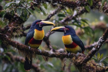 Fototapeta premium Two colorful toucans perched on a mossy branch in a lush forest