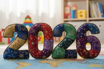 A colorful fabric number featuring star patterns, suitable for decorative or educational purposes..2026.