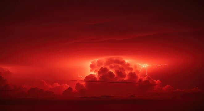 Dramatic red thunderstorm lightning strike ominous clouds sunset
