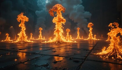 A hellish scene of fiery nuclear explosions reflecting on wet ground under a dark, smoky sky