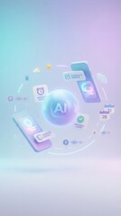Fototapeta premium Futuristic AI concept with smartphones and connected digital icons