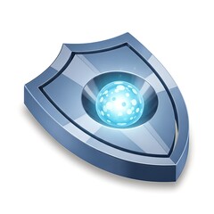 Futuristic shield with glowing orb for protection and security.