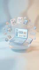 Modern laptop with financial charts and calculator icons, 3D render