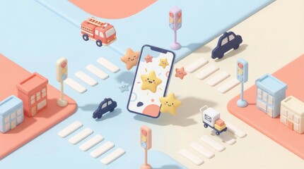 Cute 3D illustration of a smartphone with stars and miniature city elements