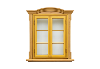 Yellow painted wooden display cabinet with arched top and glass panels, isolated on a transparent background