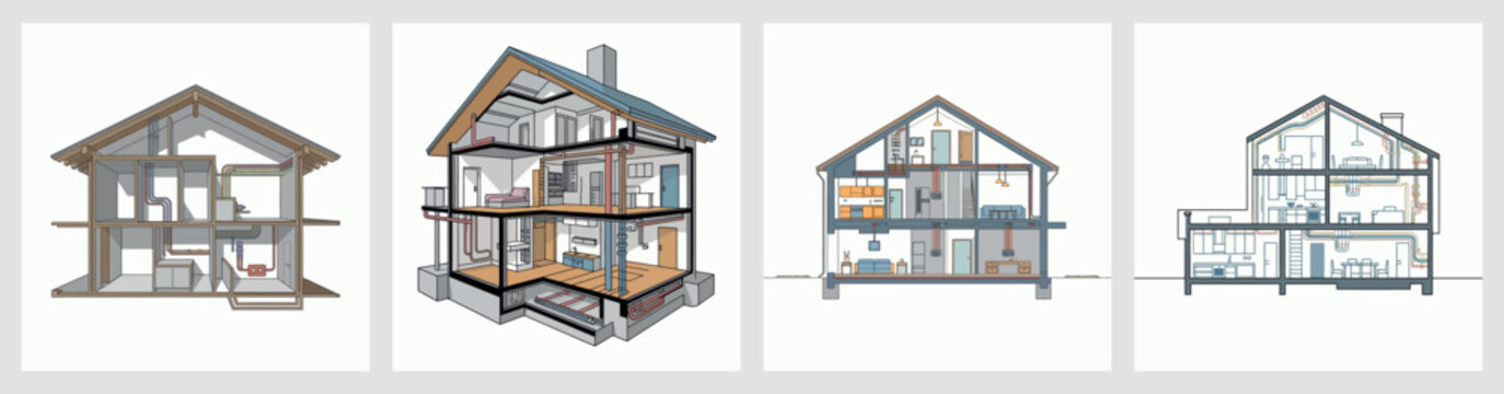 Cutaway View of House Architecture with Interior Design and Structure