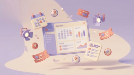 Event planning and scheduling concept with calendar, tickets, and location icons