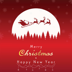 Christmas winter banner with Santa, sleigh and reindeer. Santa is flying through the night sky under the Christmas forest. vector illustration EPS10. Christmas Background or Banner.