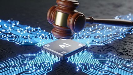 Artificial intelligence and the Law Represented by a Gavel Resting on a Microchip Symbolizing Regulations and Ethical Considerations for AI Development and Implementation in Legal Contexts