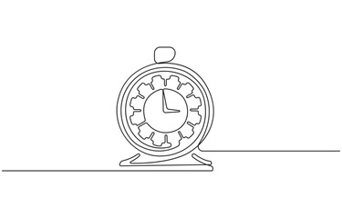 Continuous one line drawing of vintage alarm clock vector design, Clock drawn symbol, Single line art continuous icon, Hand drawn vector illustration.