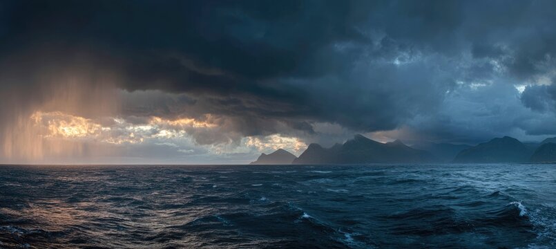 Dramatic seascape with stormy clouds and rain - Powered by Adobe