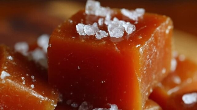 Closeup of square caramel candies topped with flaky sea salt