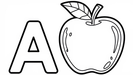 Children’s alphabet coloring page featuring the letter A and a detailed apple illustration. Thin black line art with simple clear contours and many small details for careful coloring. Black and white 