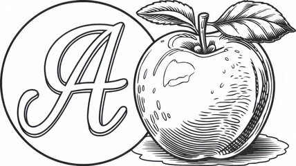 Children’s alphabet coloring page featuring the letter A and a detailed apple illustration. Thin black line art with simple clear contours and many small details for careful coloring. Black and white 