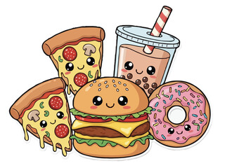 Kawaii Fast Food Characters – Cute Cartoon Pizza, Burger, Donut, and Bubble Tea with Smiling Faces