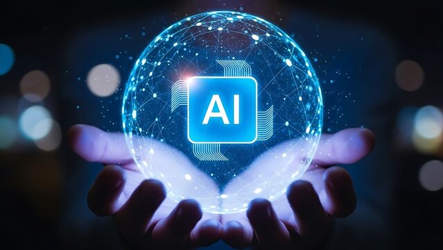 Artificial Intelligence concept with human hands holding a glowing digital sphere representing machine learning and future technology advancement showcasing the power of AI - Powered by Adobe