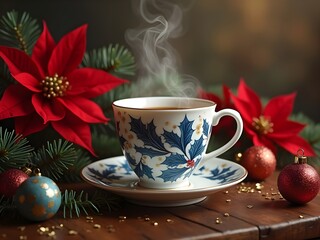 Large cup of steamy hot tea in fancy teacup , the cup has a Victorian Blue holly leaf pattern on it , and is surrounded by flowers and Christmas Ornaments

