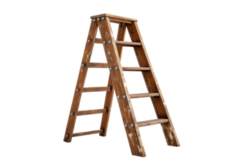 Vintage wooden ladder with natural brown stained surface, isolated on a transparent background