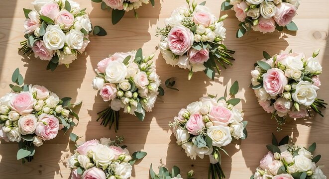 A collection of elegant floral bouquets featuring soft pink and white roses, artfully arranged on a warm wooden surface