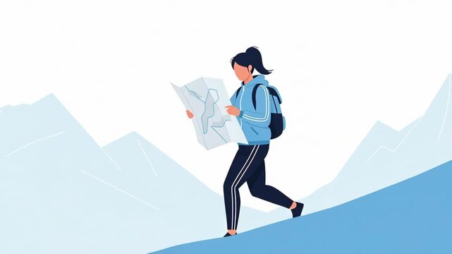 Woman Ascends Mountain, Chart in Hand, Illustrating Pathfinding and Exploration