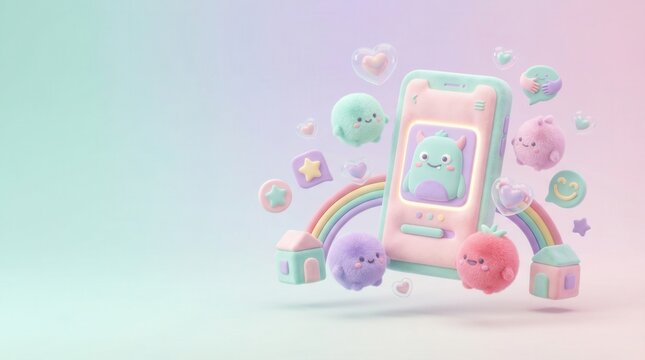 Cute phone with cartoon monsters and rainbow on a pastel background