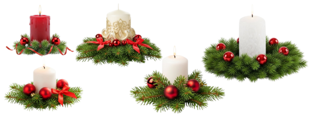 Christmas Candle Centerpieces with Evergreen Boughs and Red Ornaments