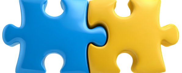 3D two puzzle pieces, one blue and the other yellow, isolated on a transparent background