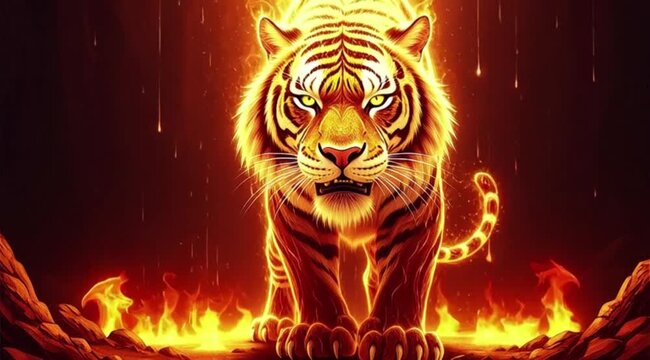 The fire tiger looks at the viewer and roars in tongues of fire