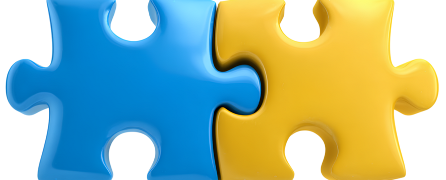 3D two puzzle pieces, one blue and the other yellow, isolated on a transparent background - Powered by Adobe