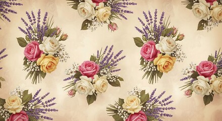Fototapeta premium A repeating pattern of elegant floral bouquets featuring pink, yellow, and white roses with lavender sprigs and baby's breath on a textured cream background