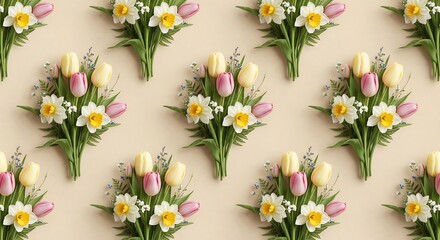Obraz premium A repeating pattern of fresh floral bouquets featuring tulips, daffodils, and delicate filler flowers on a soft cream background