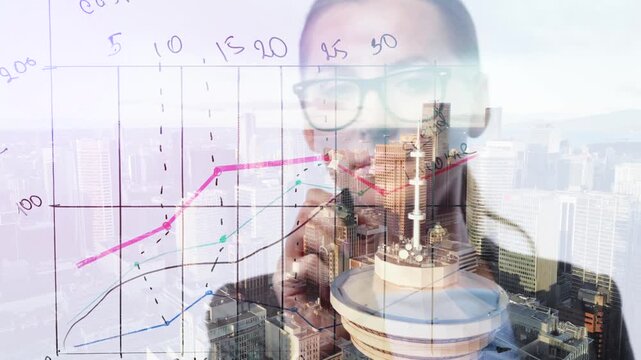 Double exposure of a business woman draws various growth charts