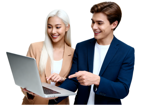 Asian man and woman looking at laptop computer adult adult, asian, woman, man, laptop, computer, technology, business, teamwork, collaboration, discussion, meeting, office, work, communication, partne