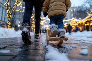 A young child is happily pulling a wooden sled on a snowy path, accompanied by an adult, capturing the joys of winter bonding and childhood adventures in a festive atmosphere.