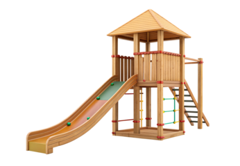 Wooden tower playground with hexagonal roof slide climbing net ladder structure, isolated on a transparent background