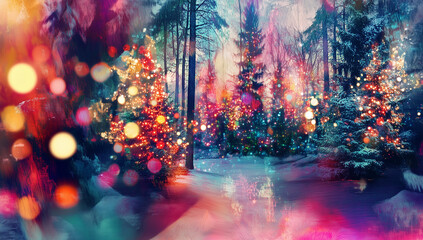 Magical, colorful forest with trees and glowing lights