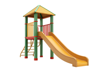 Colorful children's playground tower with yellow slide green posts red railings, isolated on a transparent background