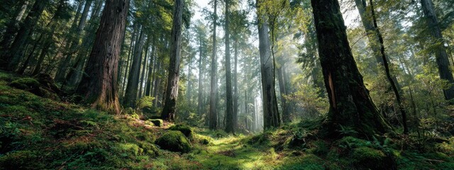 Sunlight filtering through a dense forest filled with tall trees and mossy ground cover