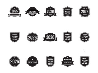 Vintage New Year Ribbon & Typography Badge Set &ndash; Vol.4 (Black 2025&ndash;2026 Label Silhouettes)