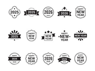 Minimal New Year Emblem & Ribbon Badge Silhouettes &ndash; Vol.3 (2025&ndash;2026 Typography Set)