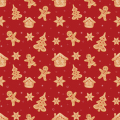Seamless pattern Christmas theme with ginger breads, candies, Christmas tree, stars. Vector illustration.