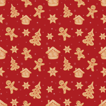 Seamless pattern Christmas theme with ginger breads, candies, Christmas tree, stars. Vector illustration.